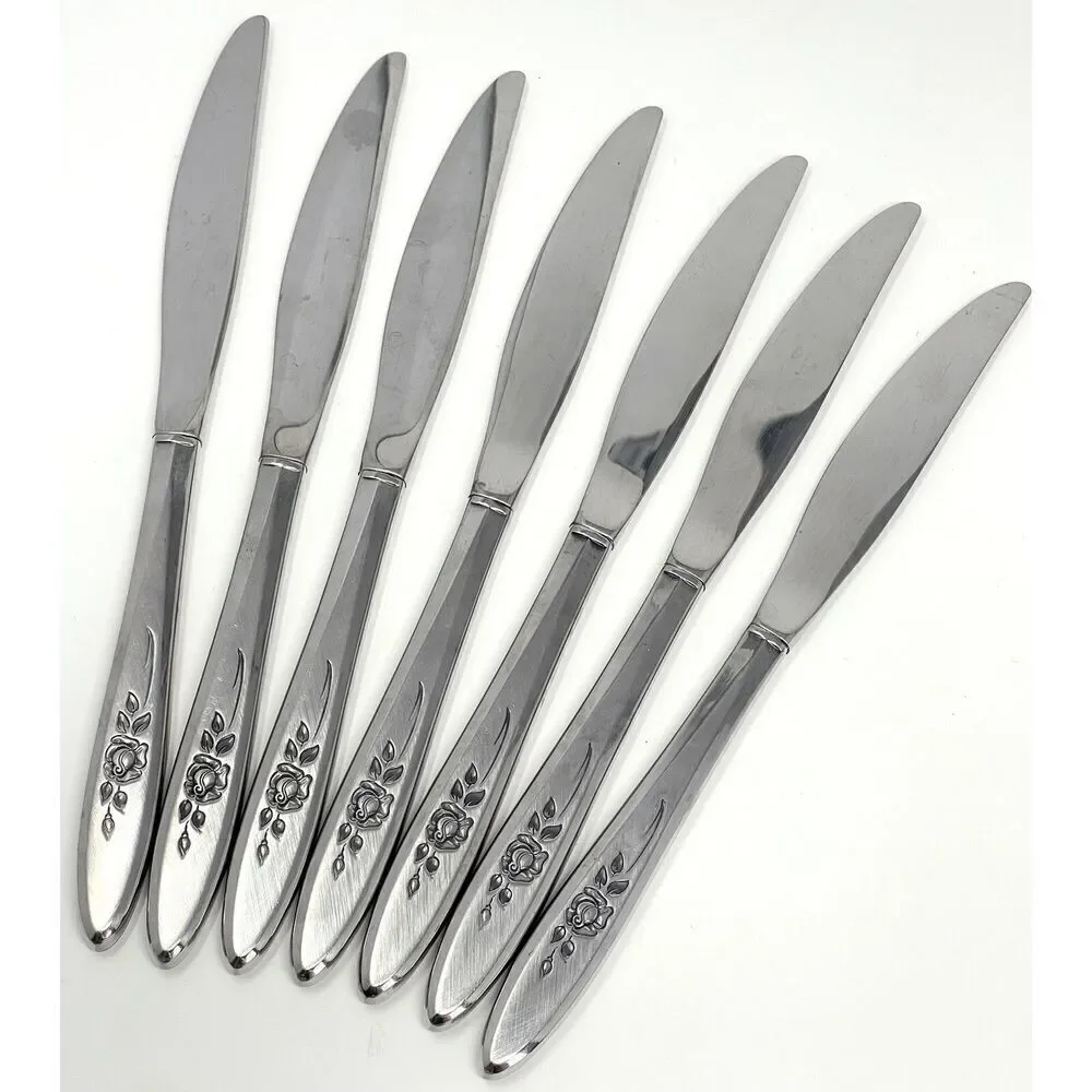 Vintage Oneida Community ROSE SHADOW Stainless Dinner Knives 9 3/8